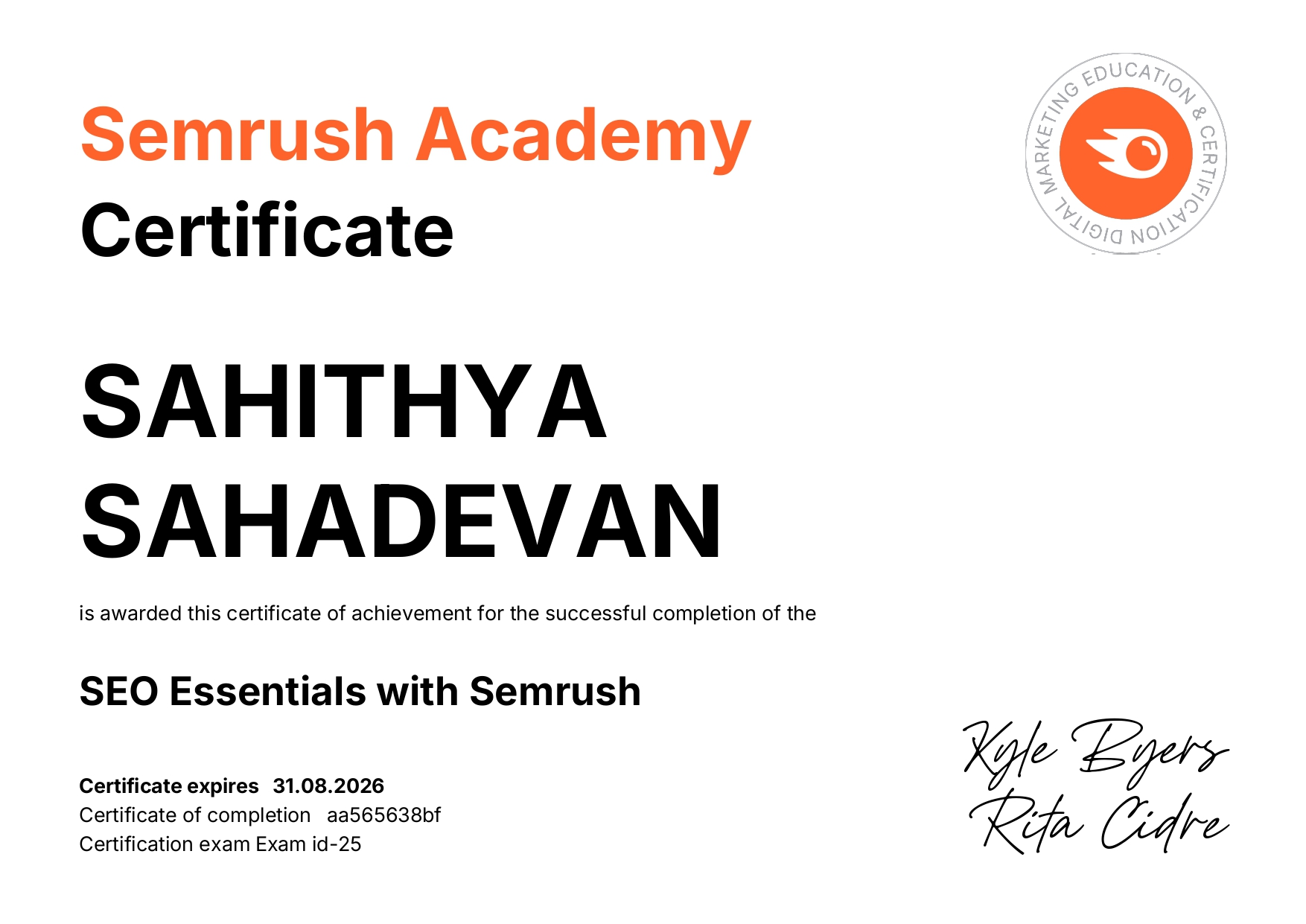 SEO Essentials with Semrush Certificate from Semrush Academy